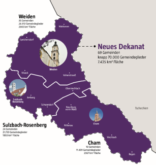Karte des Zusammenschlusses der Dekanatsbezirke Cham, Sulzbach-Rosenberg und Weiden